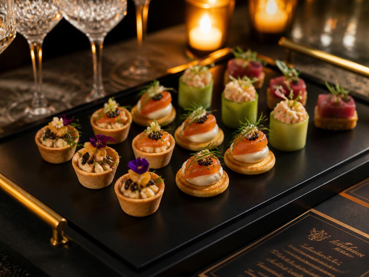 Luxury catered hors d'oeuvres presented with black and gold tableware.