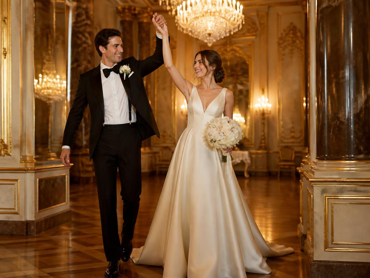 A joyful couple celebrating together in an elegant ballroom.