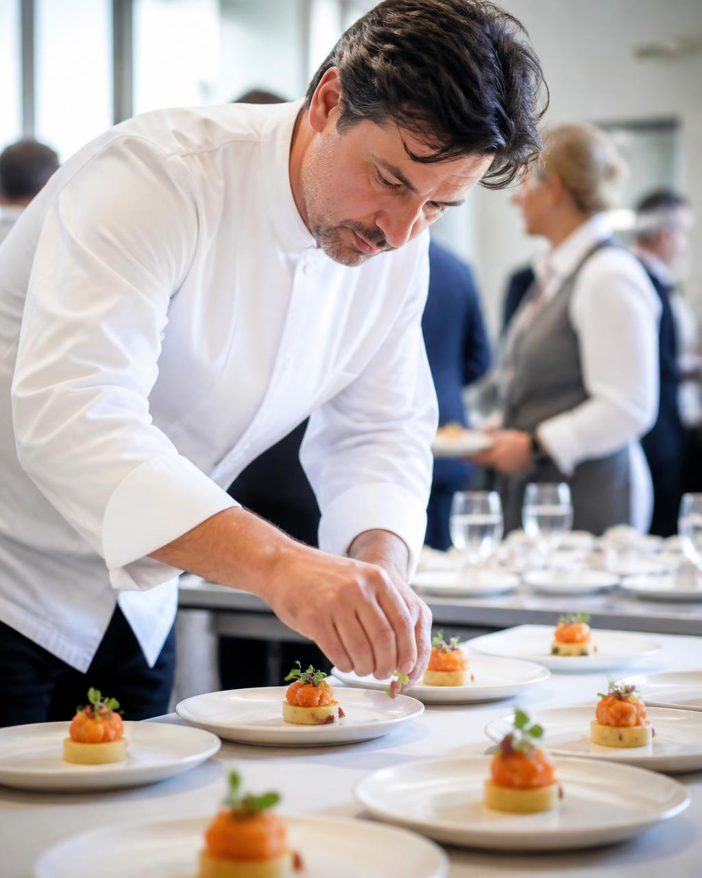 Professional chef plating hors d'oeuvres for a private event