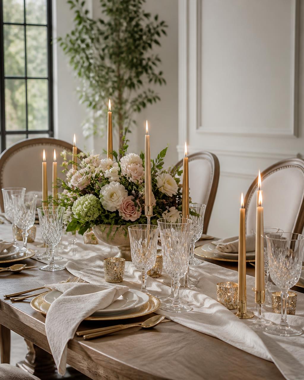 Luxury styled tablescape with linens, gold chargers, crystal glassware, and taper candles