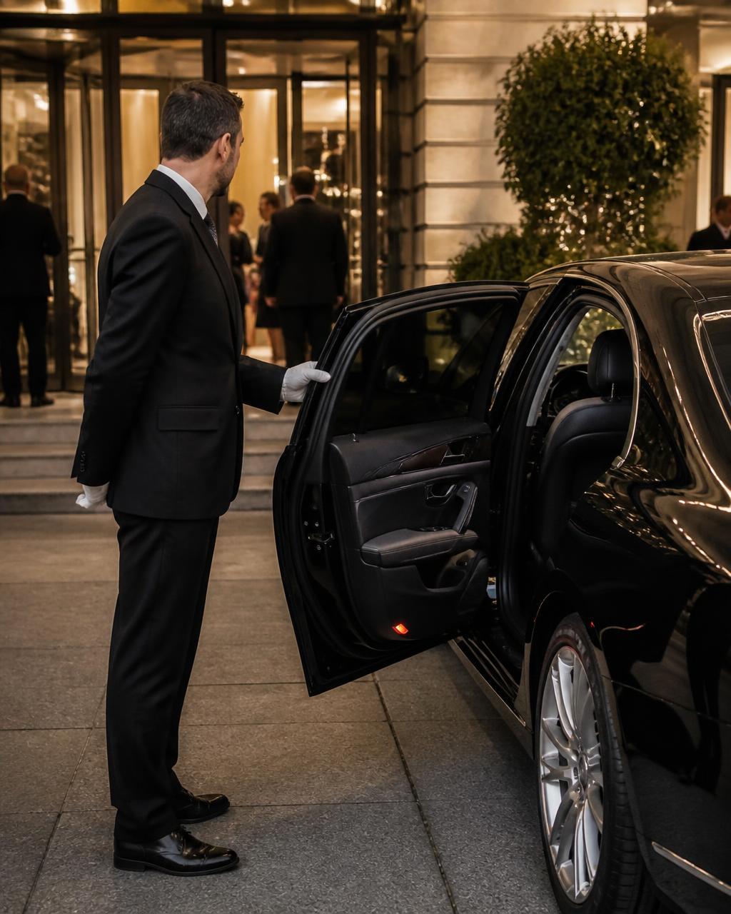 Chauffeur opening the door of a black luxury sedan at the entrance of an event venue