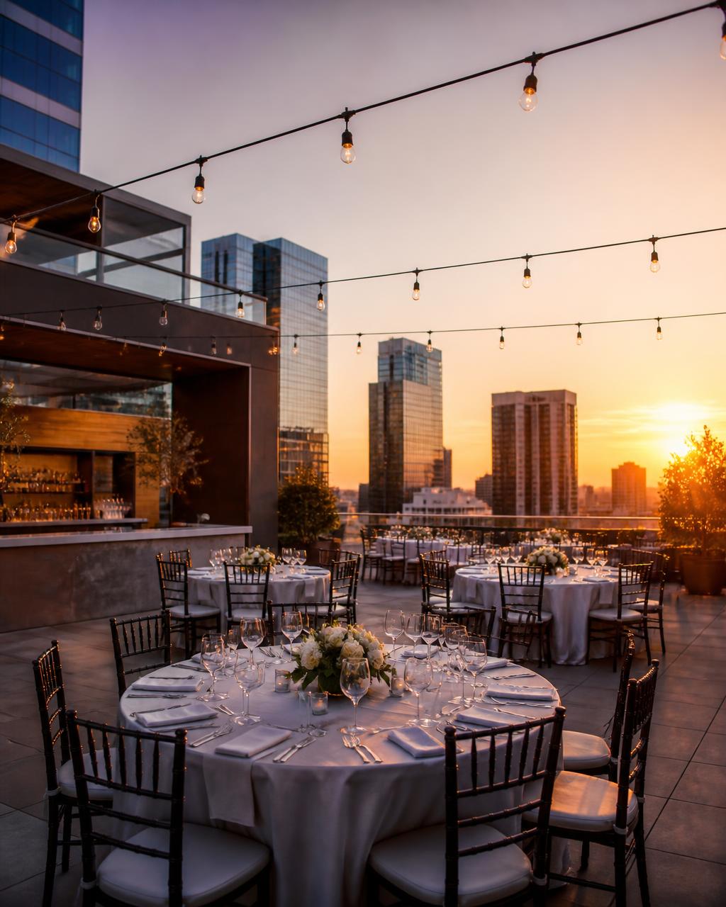 Luxury rooftop event venue at sunset prepared with set tables and string lights